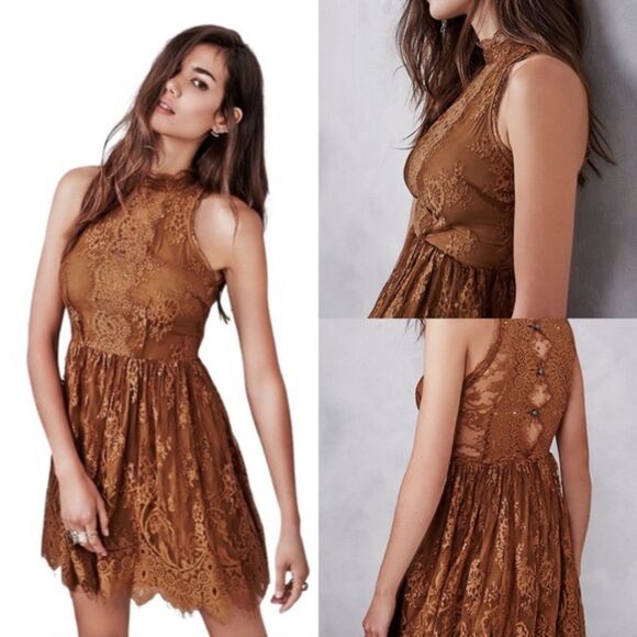 Free People Verushka Mini Dress in Golden Honey, Sz 4, Victorian Eyelash Lace - Picture 1 of 10